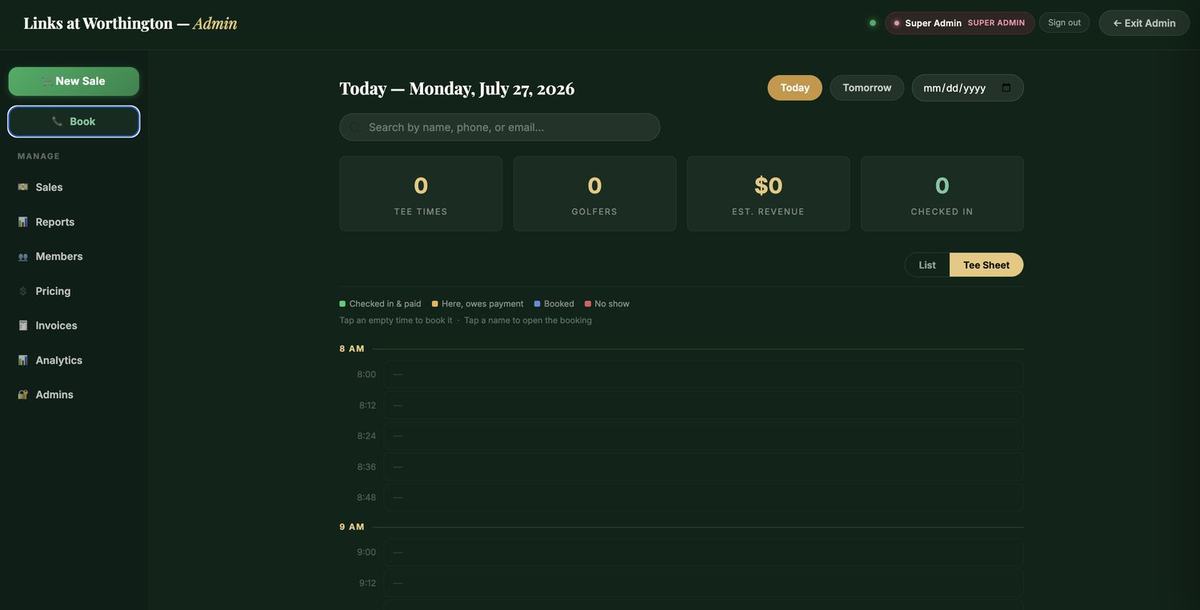 Admin dashboard showing live day statistics, booking status and time slots