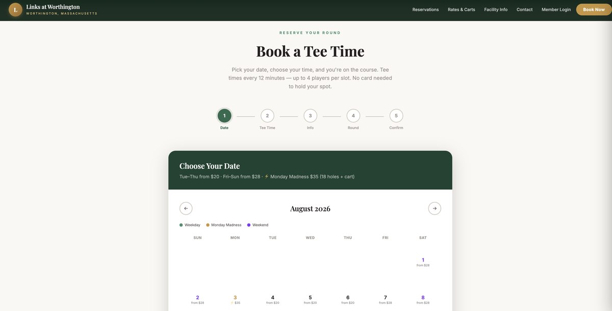 Step one of the booking flow, a calendar for August 2026 with each day priced from twenty dollars