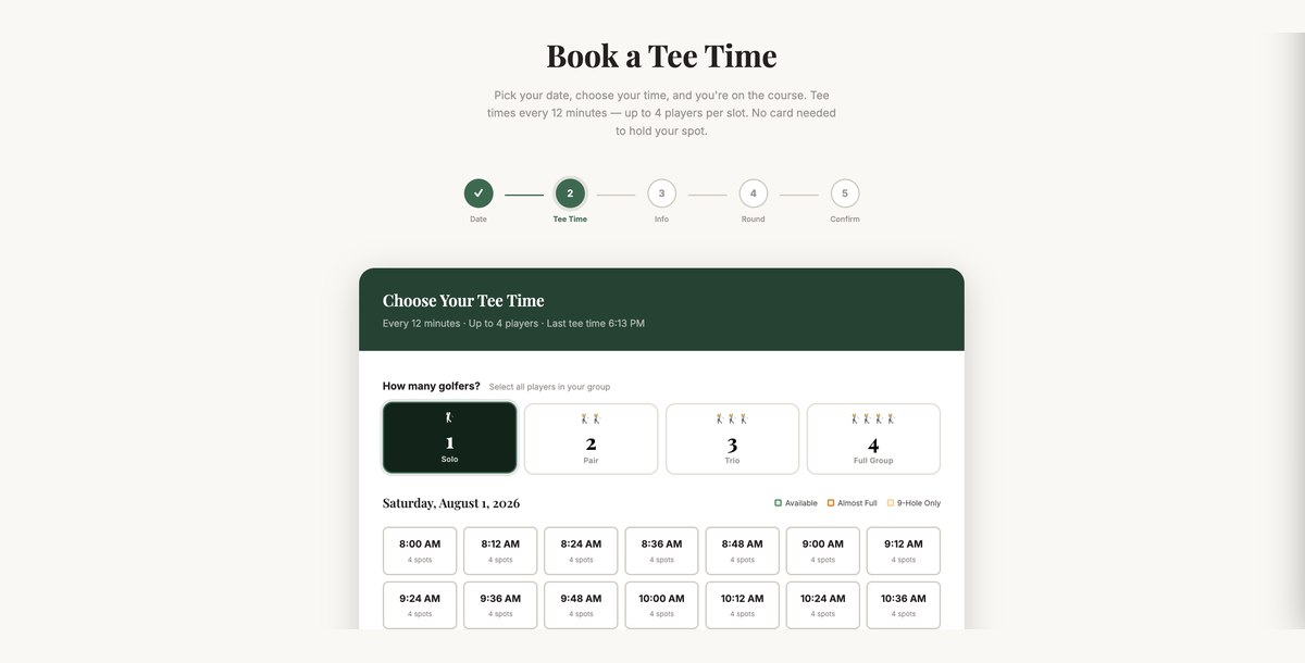 Step two of the booking flow, choosing group size and a tee time with spots remaining shown for each slot