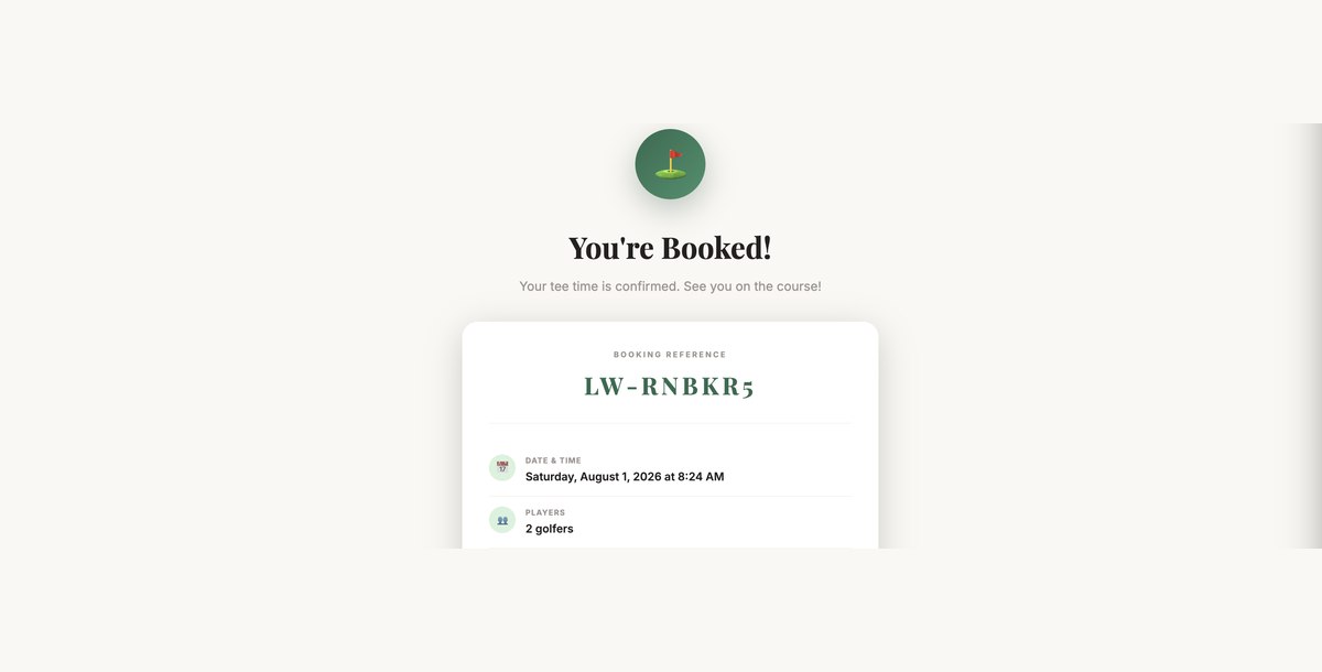 Step five of the booking flow, a confirmation screen with a booking reference, date, players and round length