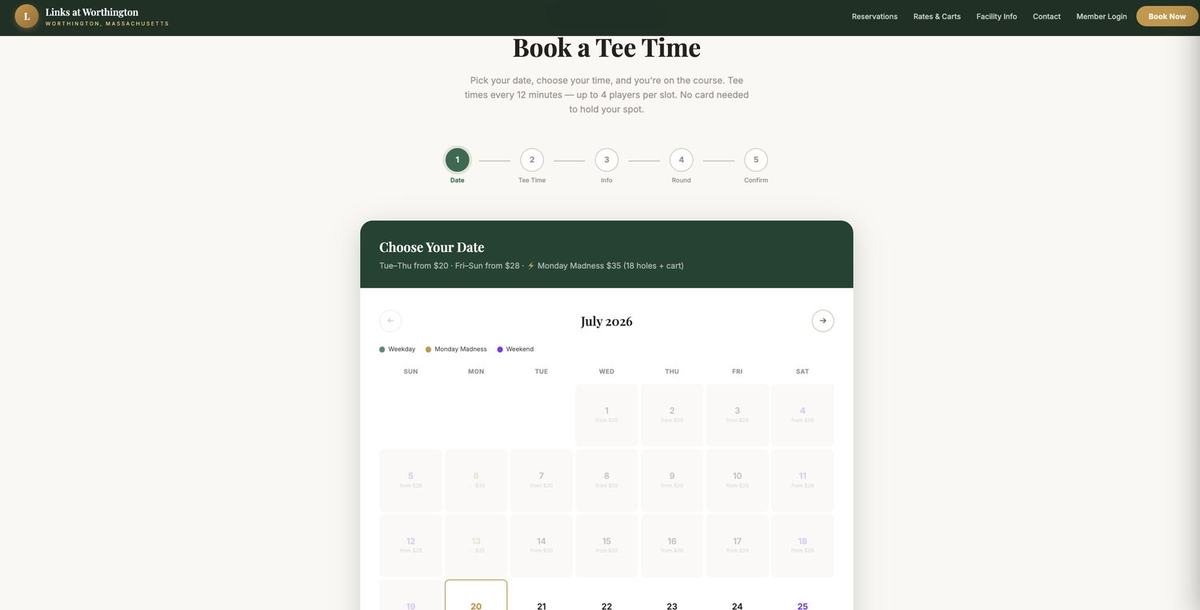 Customer booking flow with a five step wizard and dynamic pricing on the calendar