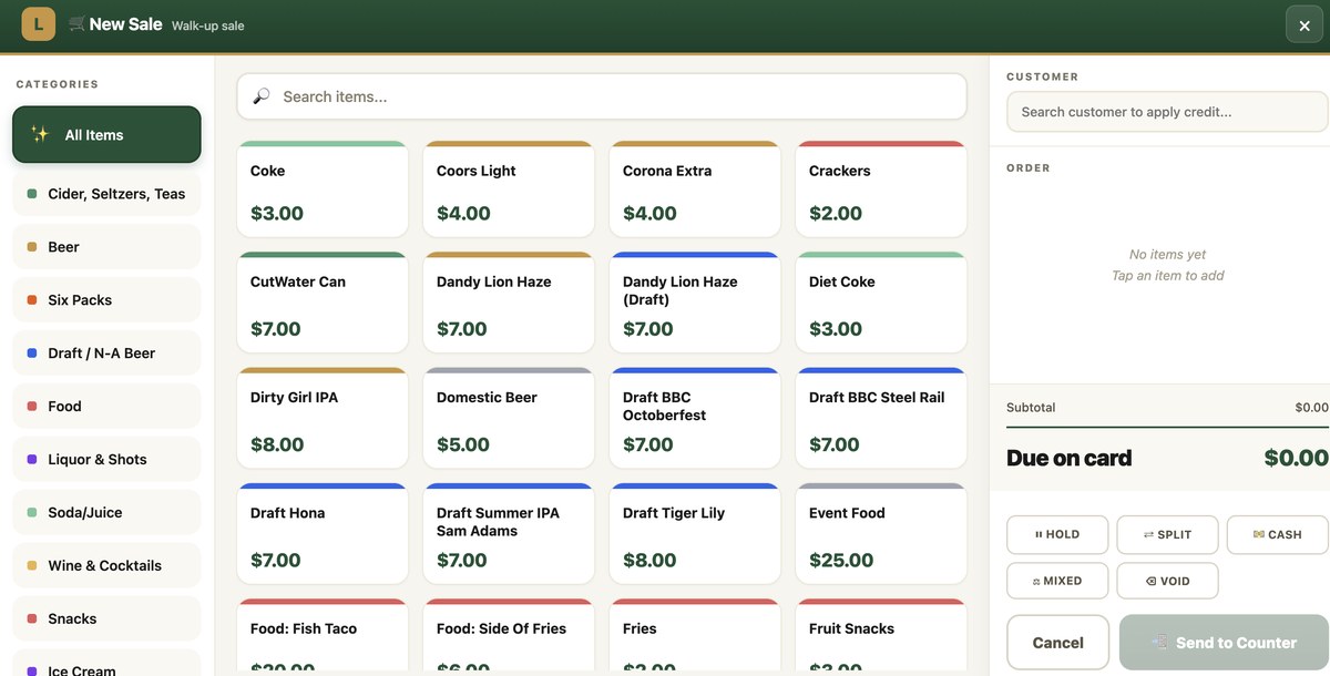 Point of sale screen with colour coded categories for beer, food, snacks and the pro shop, and a customer search that applies account credit