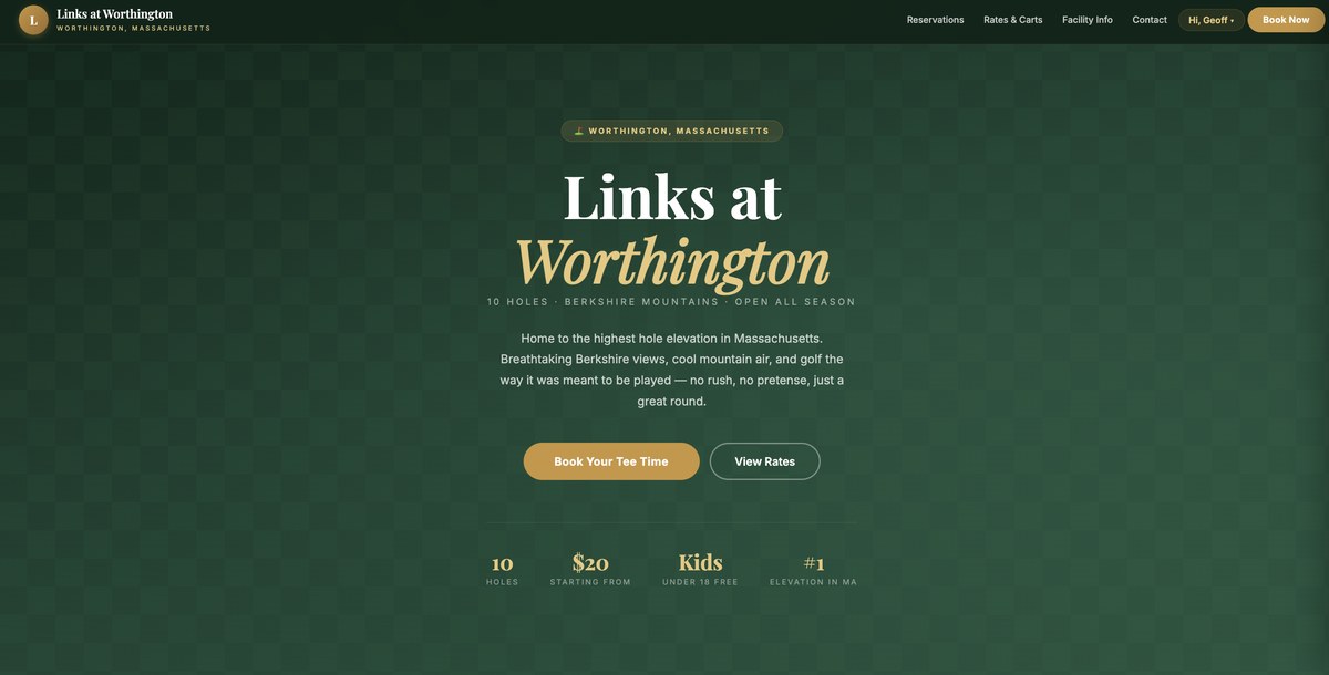 The Links at Worthington homepage, showing the course name, ten holes in the Berkshire Mountains, and a book your tee time button