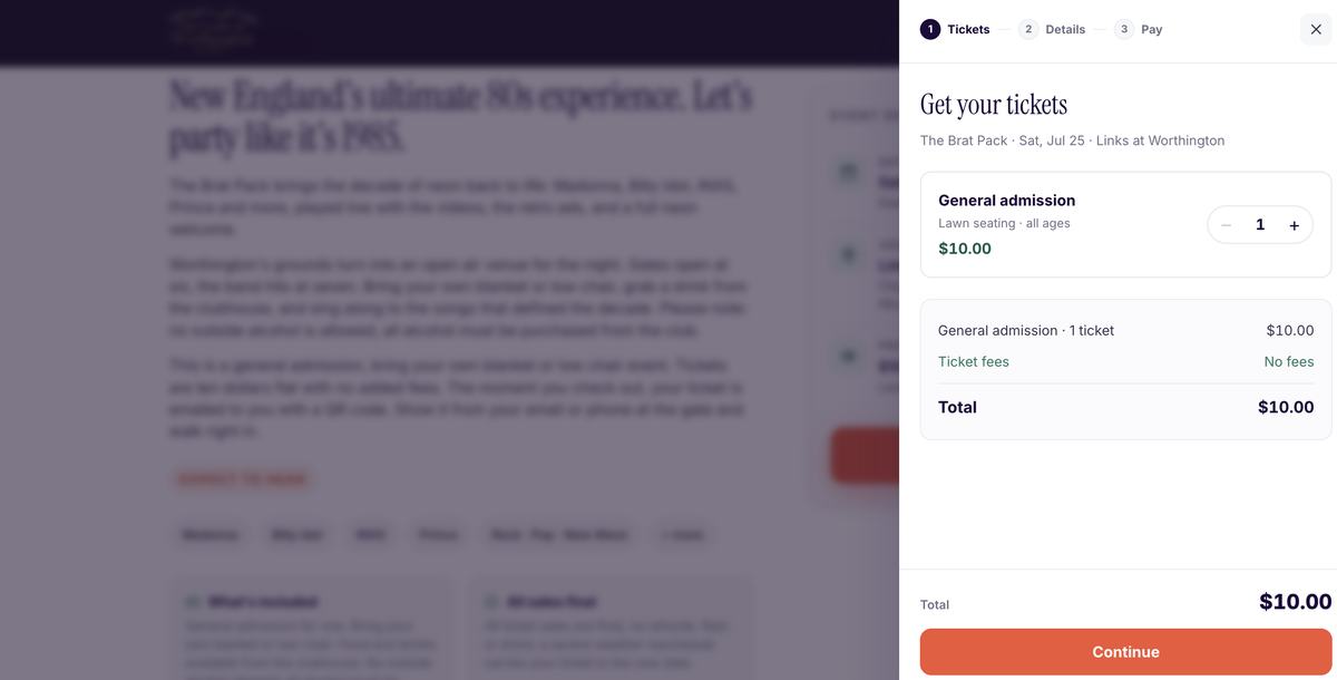 Checkout showing a ticket fees line that reads No fees beside a ten dollar total